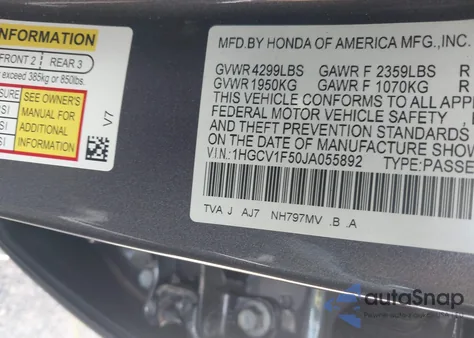 2018 Honda Accord Ex-L из США, поврежденный, VIN 1HGCV1F50JA055892